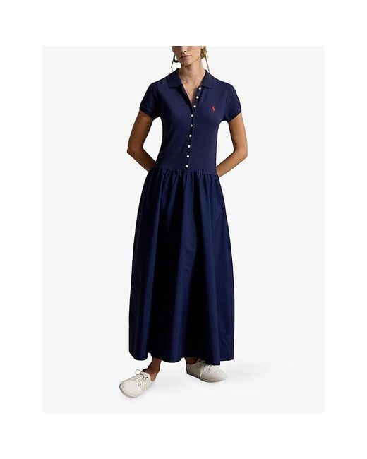 Polo Ralph Lauren Blue Brand-Embroidered Short-Sleeved Stretch-Cotton Maxi Dress