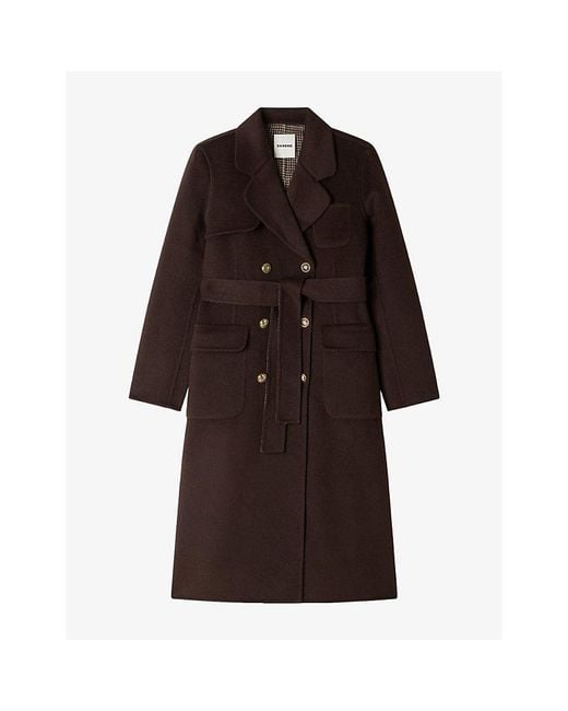 Sandro Brown Double-Breasted Tie-Belt Wool-Blend Coat