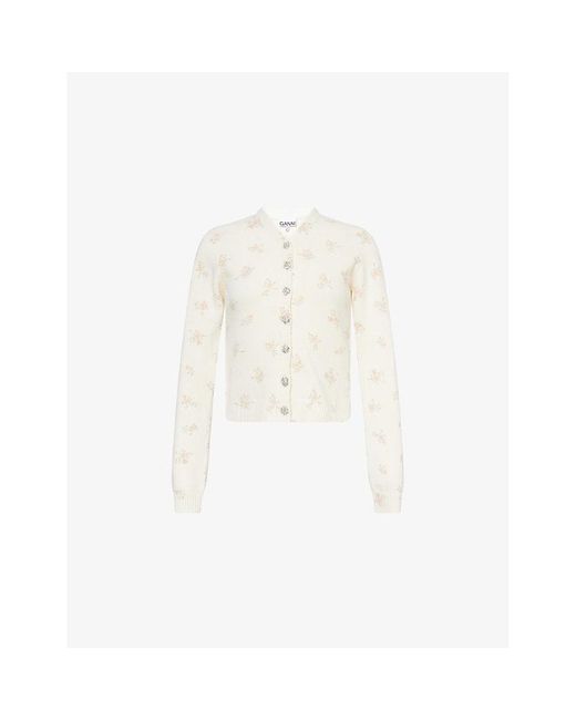 Ganni White Floral-Print Embellished-Button Wool-Blend Knitted Cardigan