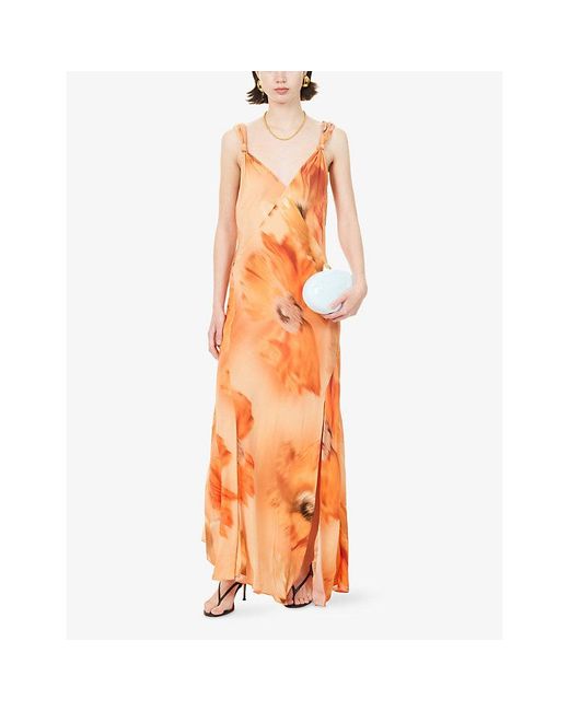 Never Fully Dressed Orange Sofia Floral Knot-Strap Bias-Cut Woven Maxi Dress