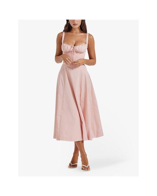 House Of Cb Pink Carmen Gathered-cup Stretch Cotton-blend Midi Dres