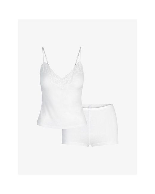 Skims White Sheer Cotton Lace-Trim Woven Cami And Shorts Set