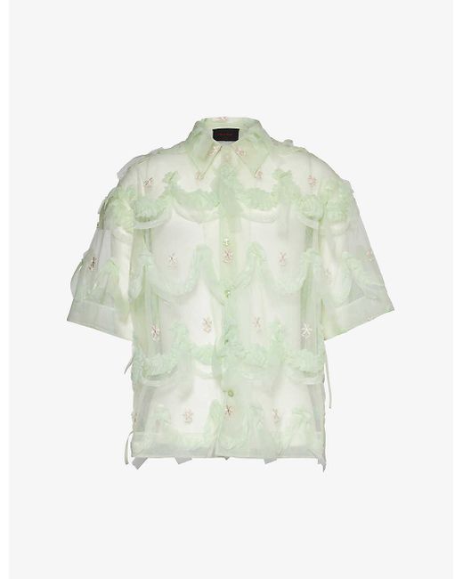 Simone Rocha Green Ruffle-embellished Relaxed-fit Mesh Shirt for men