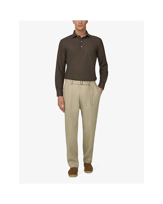 Boggi Brown Long-Sleeved Cotton-Blend Polo Shirt for men