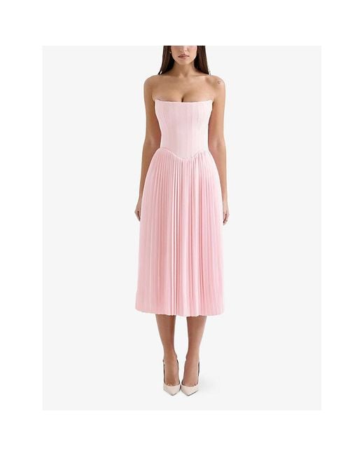 House Of Cb Pink Marci Pleated Woven Midi Corset Dress