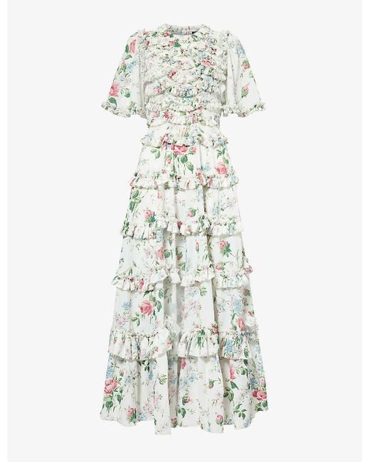 Needle & Thread White Floral Fantasy Tiered-hem Woven Maxi Dress