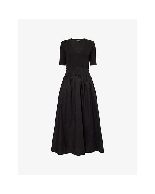 ME+EM Black V-Neck Smocked Stretch-Cotton Maxi Dress