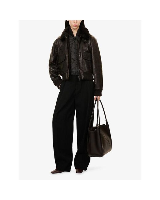 Victoria Beckham Black Shearling-Collar Leather Aviator Jacket