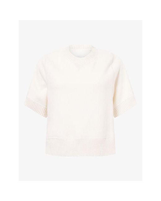 Sacai White Short-Sleeve Cotton-Panel Knitted Jumper