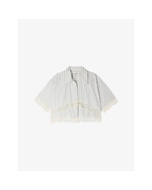 Sandro White Striped Cropped Cotton Shirt