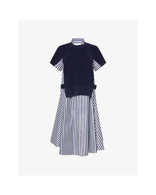 Sacai Blue Contrast-Knit Short-Sleeves Cotton-Poplin Maxi Dress