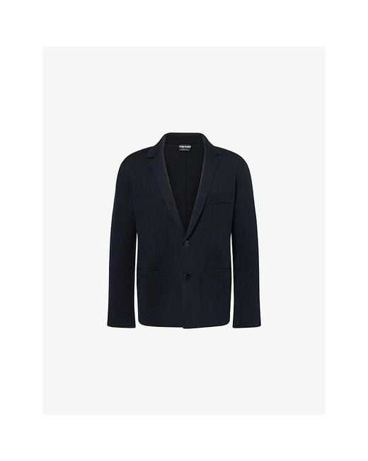 Tom Ford Blue Notch-Lapel Knitted Wool-Blend Jacket for men