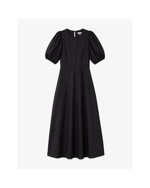 Ro&zo Black Seam-Waist Puff-Sleeve Cotton-Voile Midi Dress