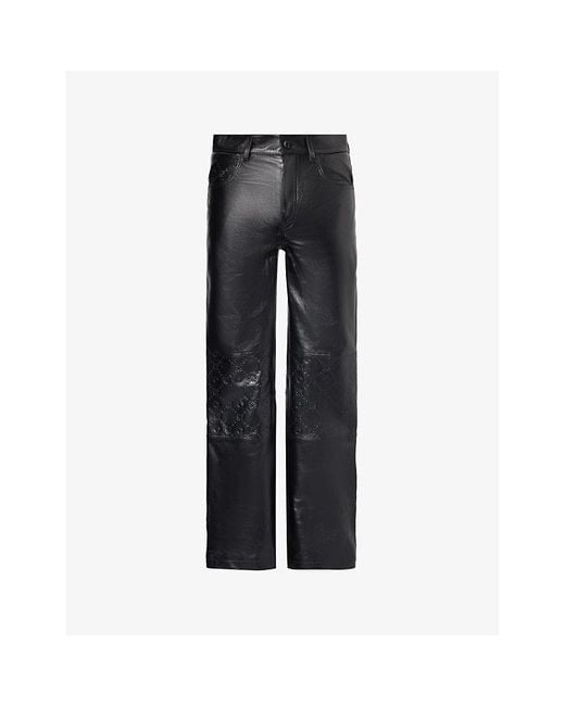MARINE SERRE Black Brand-plaque Brand-embossed Mid-rise Wide-leg Leather Trousers for men