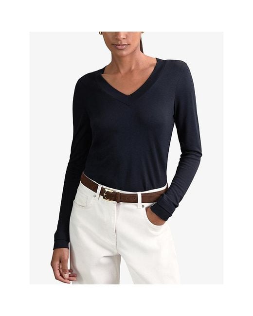 Reiss Blue Brady V-Neck Fine-Knit Top