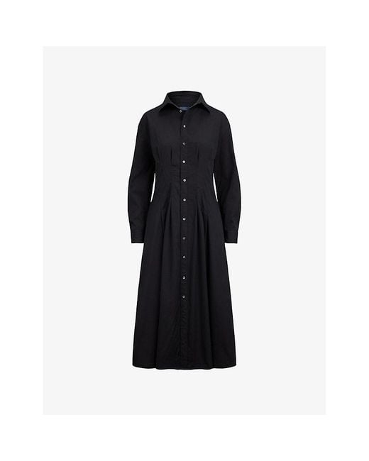 Polo Ralph Lauren Black Collared Long-Sleeve Cotton Midi Dress
