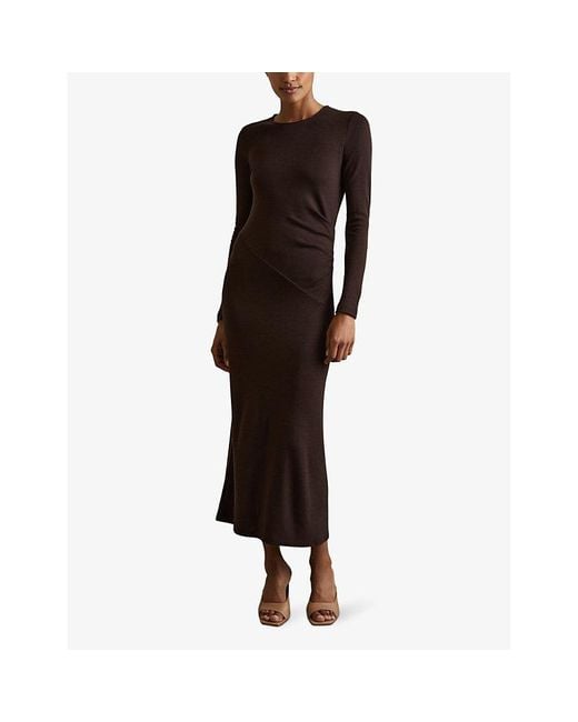 Reiss Brown Sloane Round-Neck Wool Midi Dress