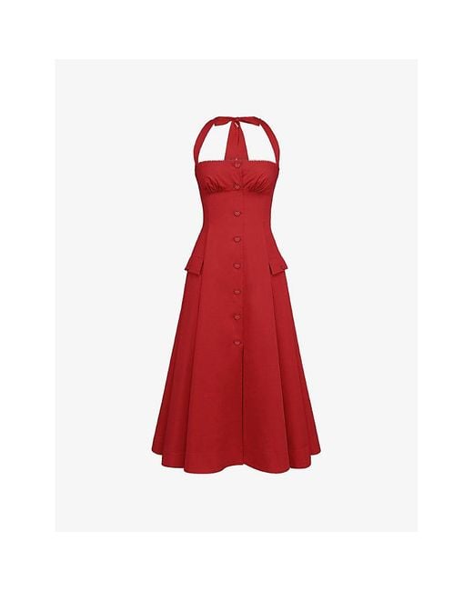 House Of Cb Red Claudia Halterneck Stretch-Cotton Midi Dress