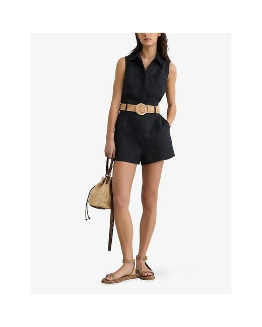 Reiss Blue Taylor Belted-Waist Linen Playsuit