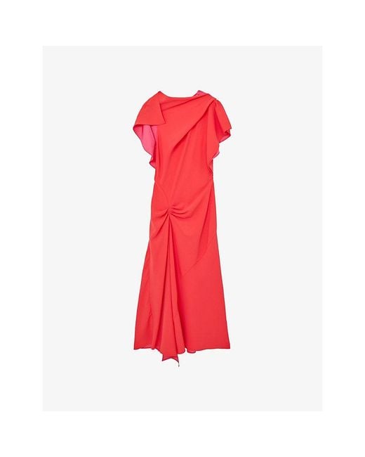 Reiss Red Saskia Asymmetric Draped Woven Midi Dress