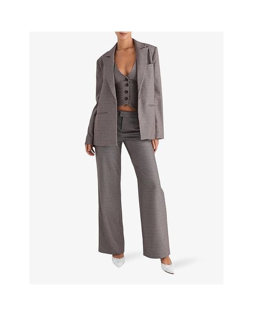 Mistress Rocks Gray Peak-Lapel Single-Breasted Checked Stretch Cotton-Blend Blazer