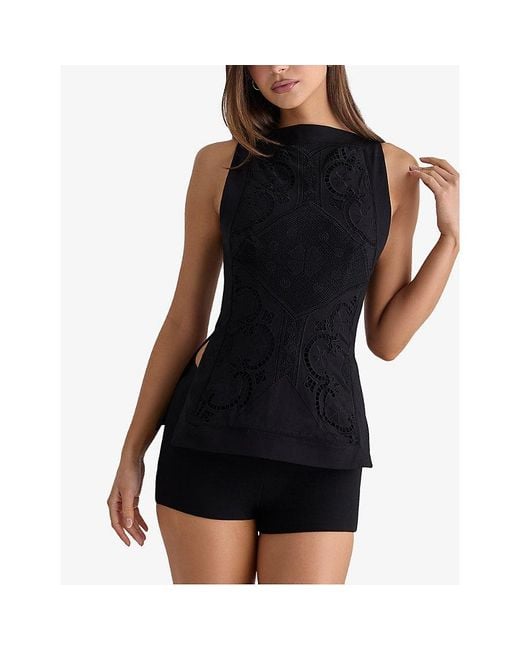 House Of Cb Black Valencia Boat-Neck Broderie-Anglaise Cotton-Blend Top
