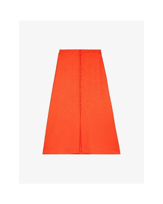 The Kooples Red Leopard-Jacquard Buttoned Woven Midi Skirt