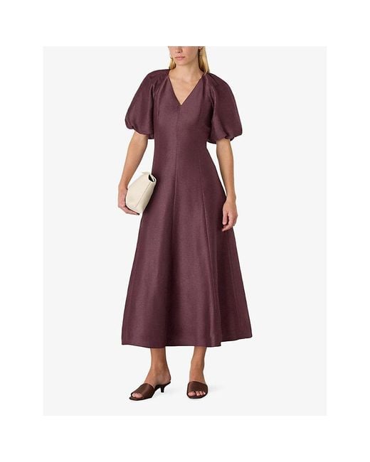 Whistles Purple Taffeta Puff-Sleeve Silk-Blend Maxi Dress