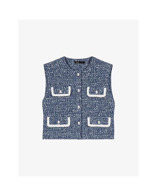 Maje Blue Boxy-Fit Round-Neck Tweed Vest