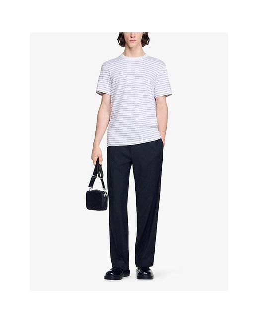 Sandro White Striped Short-Sleeve Cotton T-Shirt for men