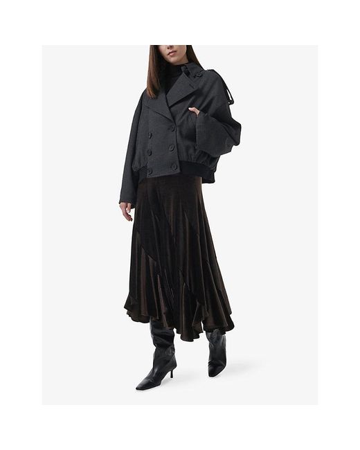 eem Black Panelled High-Rise Stretch-Velvet Midi Skirt