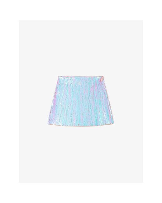 Maje Blue A-line Sequin-embellished Stretch-woven Mini Skirt