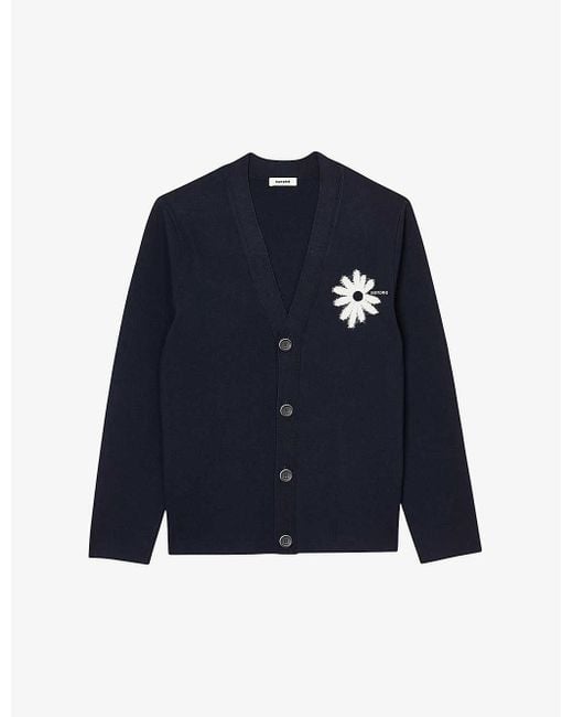 Sandro Blue Flower-embroidered Long-sleeve Stretch-knit Cardigan X for men
