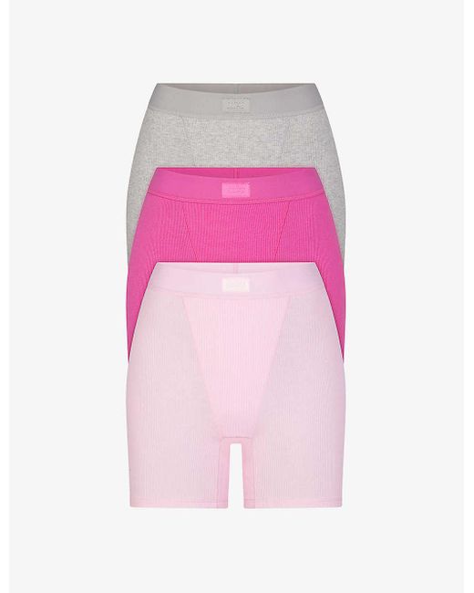 Skims Pink Cotton Rib Pack Of Three Stretch-cotton Boxer Short