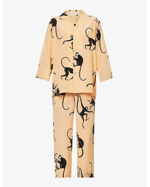 Olivia Von Halle Natural Casablanca Monkey-print Silk Pyjamas