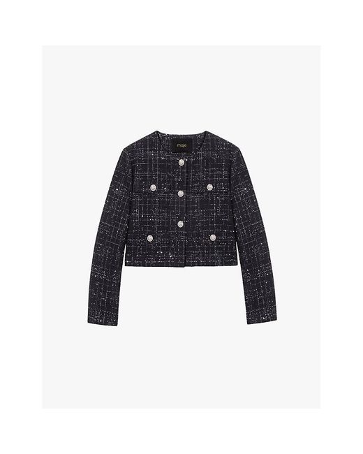 Maje Blue Metallic-Embellished Cropped Tweed Jacket