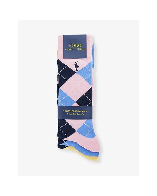Polo Ralph Lauren Blue Logo-embroidered Argyle Pack Of Three Stretch-cotton Blend Socks for men