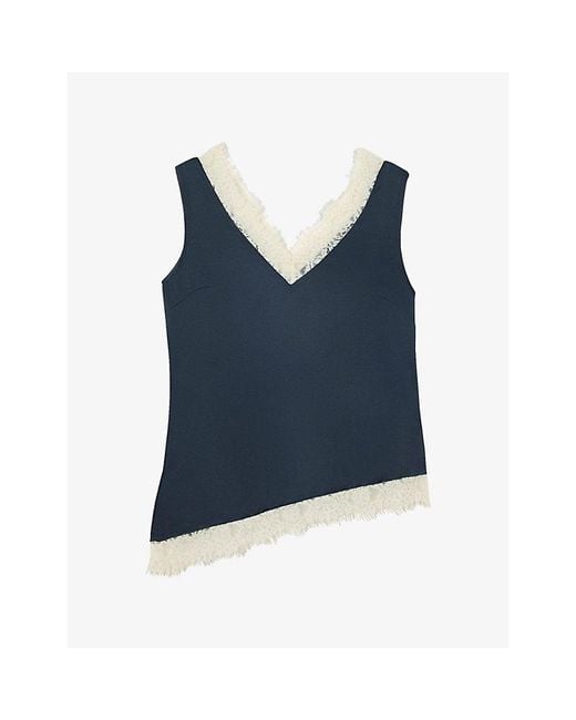 Whistles Blue V-Neck Lace-Trim Satin Top