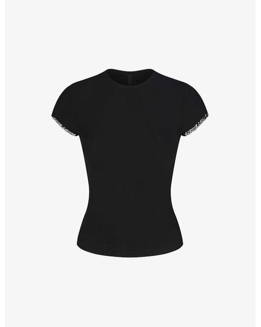Skims Black Soft Lounge Short-sleeved Lace-trim Stretch-woven T-shirt X
