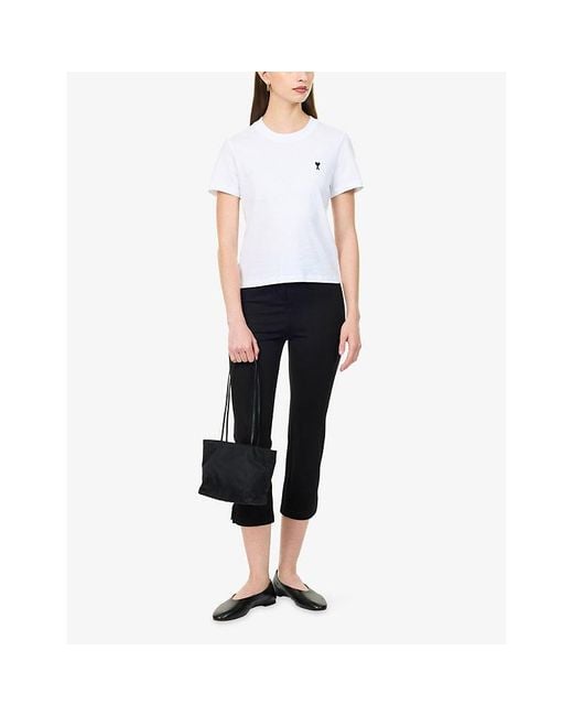 AMI White Contrast Logo-Embroidered Cotton T-Shirt