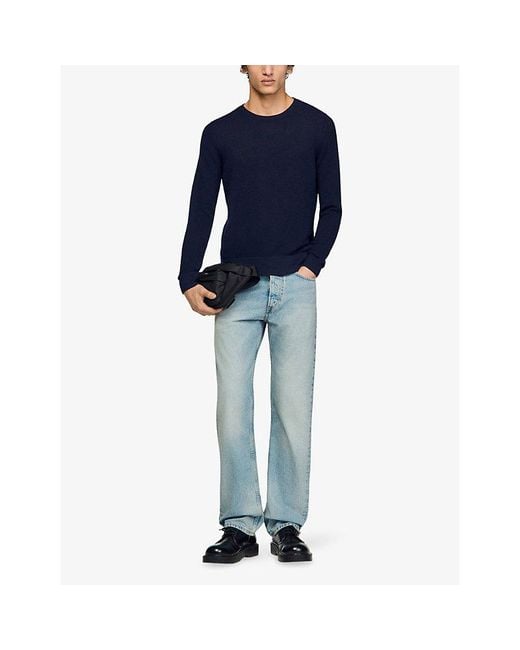 Sandro Blue Textured Crewneck Cotton Knitted Jumper for men
