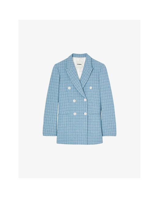 Sandro Blue Tweed-textured Double-breasted Cotton-blend Blazer