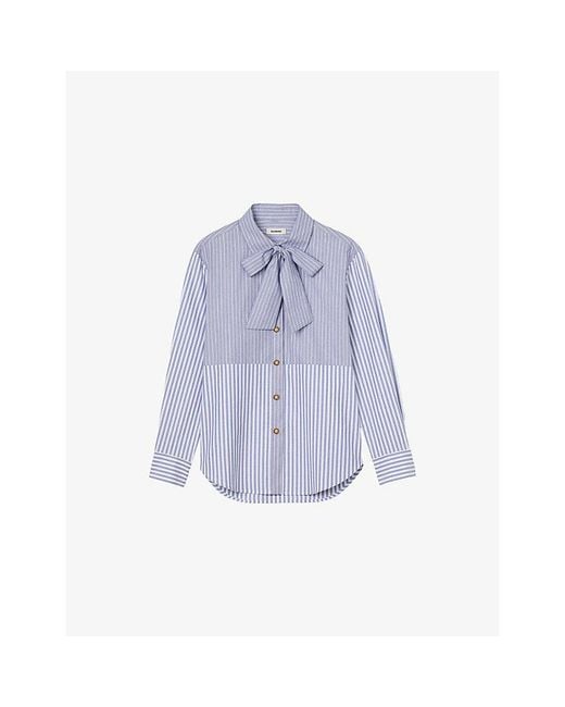 Sandro Blue Tie-Neck Striped Cotton Shirt