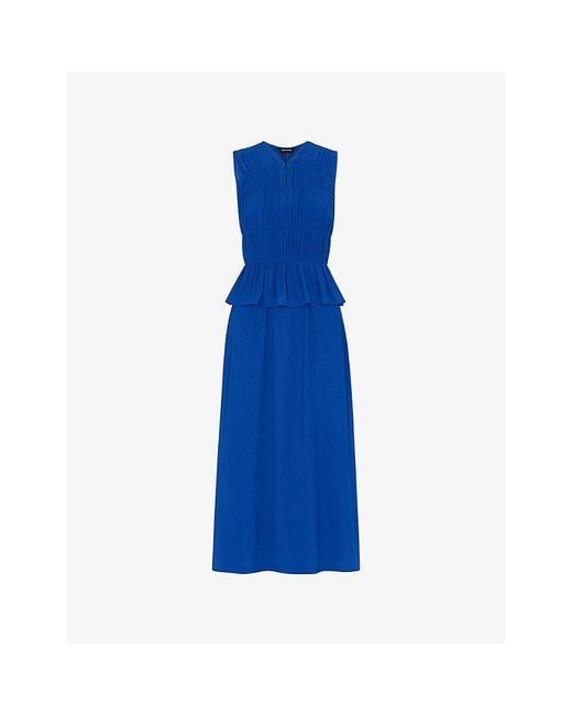 Whistles Blue V-Neck Shirred Sleeveless Woven Midi Dress