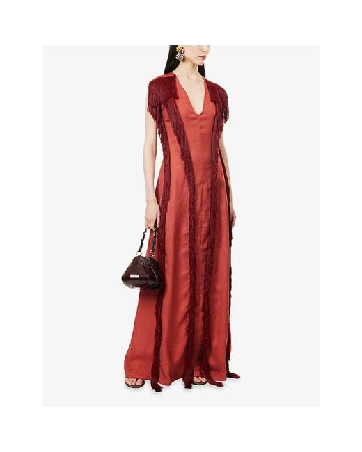 Rebirth Red Sleeveless Fringed Woven Maxi Dress