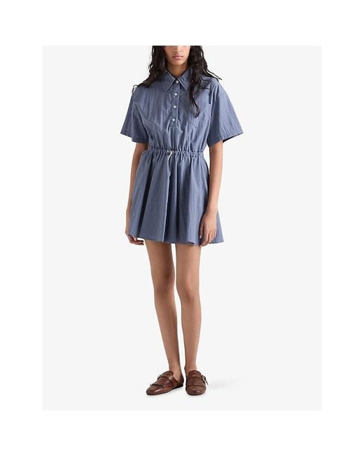 Prada Blue Short-Sleeved Technical Pongé Cotton-Blend Mini Shirt Dress