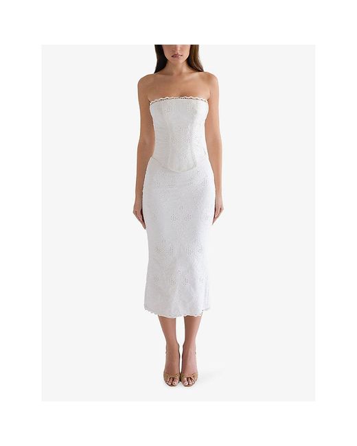 House Of Cb White Antonie Broderie-Anglaise Slim-Fit Cotton Midi Skirt Xs (A-C Cup)