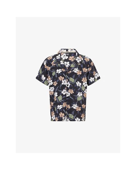 Boss Blue Floral-Print Short-Sleeve Woven Beach Shirt for men
