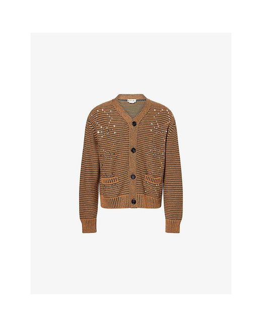 Marni Brown Studded Striped Wool-Blend Cardigan for men