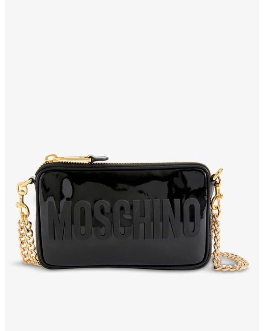 Moschino Logo-embossed Patent Faux-leather Shoulder Bag in Black | Lyst